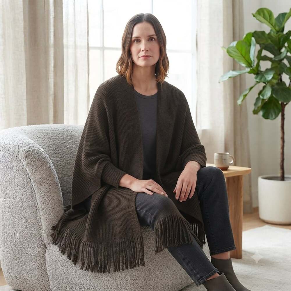 Echo Design Brown Ribbed Knit Hooded Fringe Poncho Cape